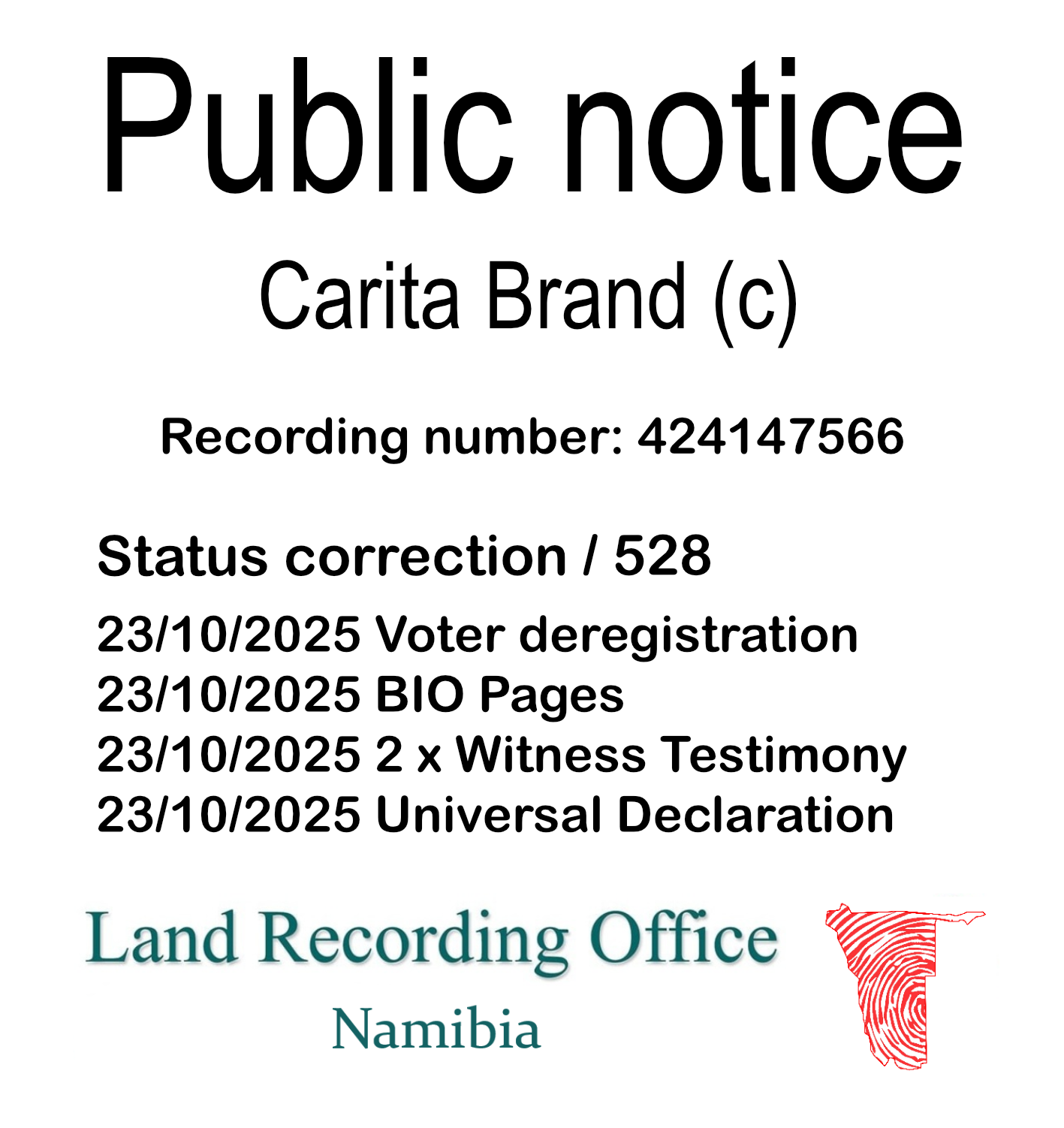 Public notice Carita Brand Recording number 424147566